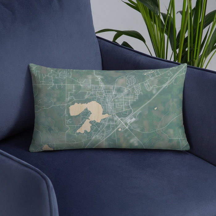 Custom Mukwonago Wisconsin Map Throw Pillow in Afternoon on Blue Colored Chair