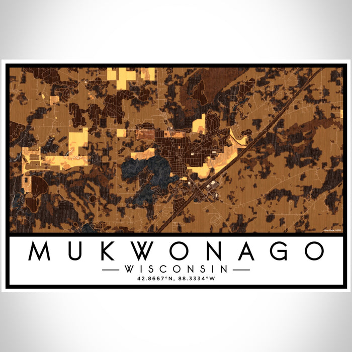 Mukwonago Wisconsin Map Print Landscape Orientation in Ember Style With Shaded Background