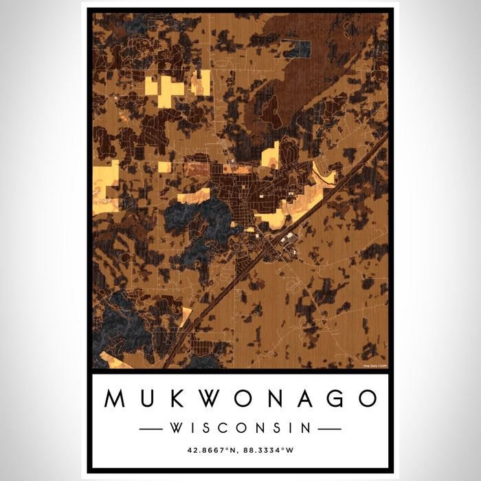 Mukwonago Wisconsin Map Print Portrait Orientation in Ember Style With Shaded Background