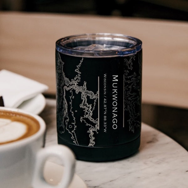 Mukwonago Wisconsin Custom Engraved City Map Inscription Coordinates on 10oz Stainless Steel Insulated Cup with Sliding Lid in Black