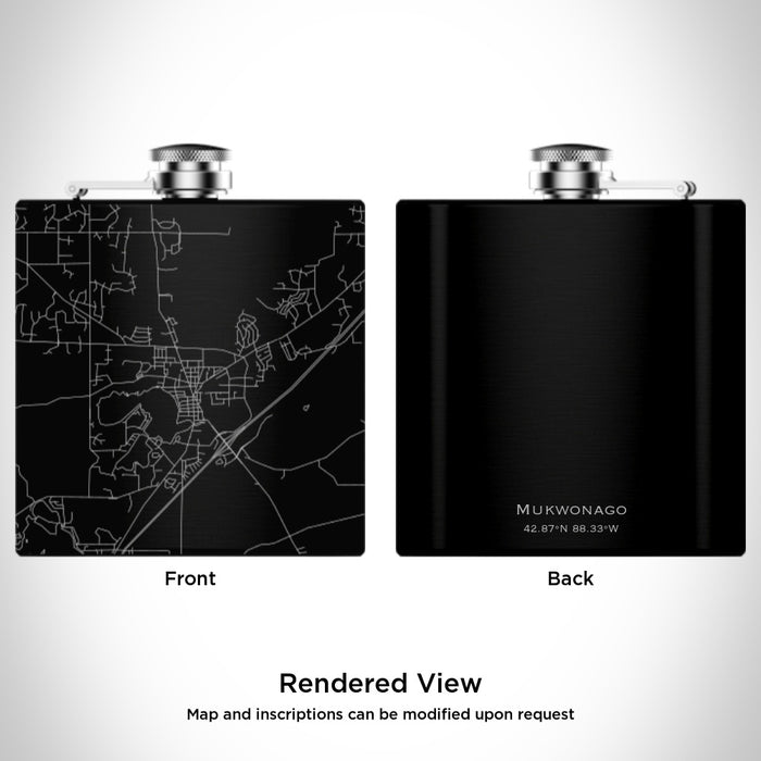 Rendered View of Mukwonago Wisconsin Map Engraving on 6oz Stainless Steel Flask in Black