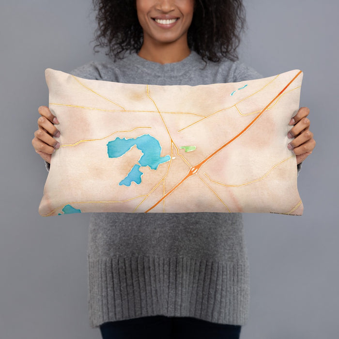 Person holding 20x12 Custom Mukwonago Wisconsin Map Throw Pillow in Watercolor