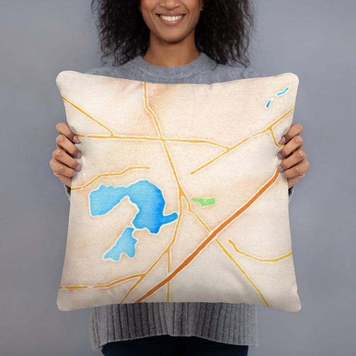 Person holding 18x18 Custom Mukwonago Wisconsin Map Throw Pillow in Watercolor