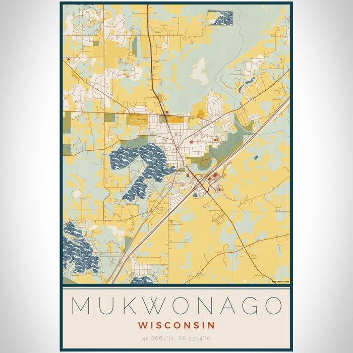 Mukwonago Wisconsin Map Print Portrait Orientation in Woodblock Style With Shaded Background