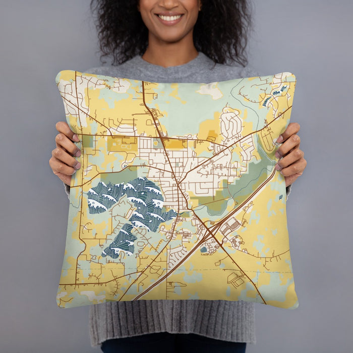 Person holding 18x18 Custom Mukwonago Wisconsin Map Throw Pillow in Woodblock