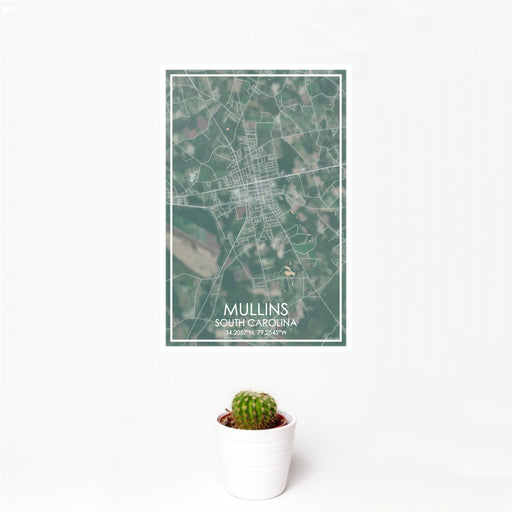 12x18 Mullins South Carolina Map Print Portrait Orientation in Afternoon Style With Small Cactus Plant in White Planter