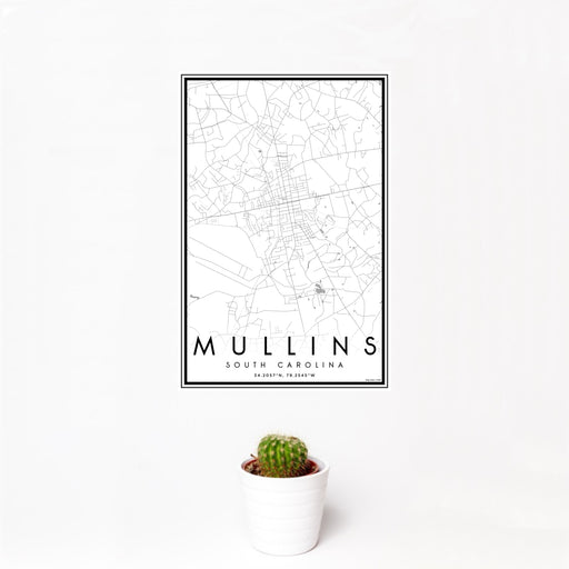 12x18 Mullins South Carolina Map Print Portrait Orientation in Classic Style With Small Cactus Plant in White Planter