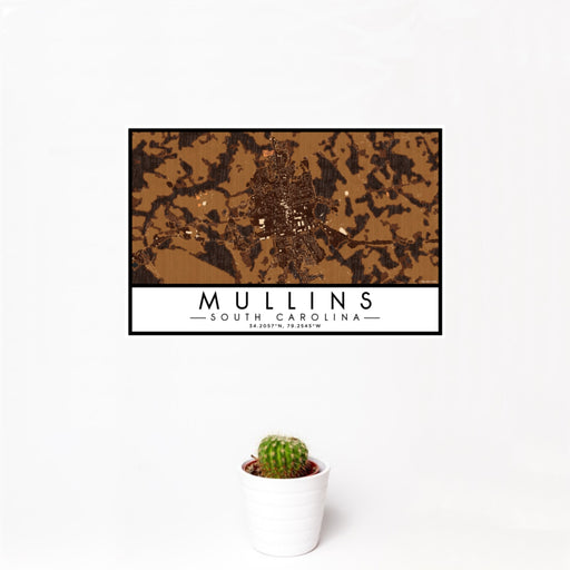12x18 Mullins South Carolina Map Print Landscape Orientation in Ember Style With Small Cactus Plant in White Planter