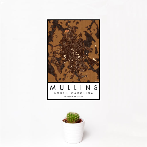 12x18 Mullins South Carolina Map Print Portrait Orientation in Ember Style With Small Cactus Plant in White Planter