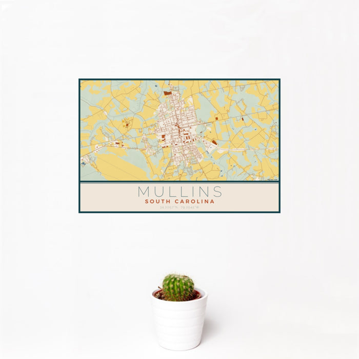 12x18 Mullins South Carolina Map Print Landscape Orientation in Woodblock Style With Small Cactus Plant in White Planter