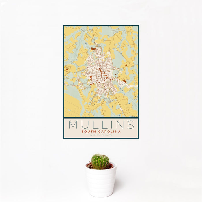 12x18 Mullins South Carolina Map Print Portrait Orientation in Woodblock Style With Small Cactus Plant in White Planter