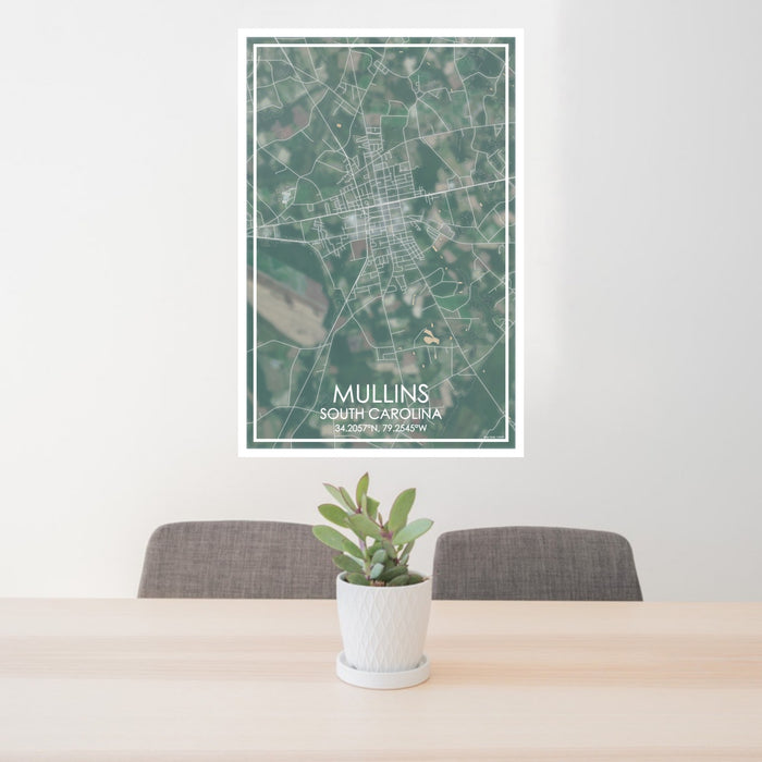 24x36 Mullins South Carolina Map Print Portrait Orientation in Afternoon Style Behind 2 Chairs Table and Potted Plant