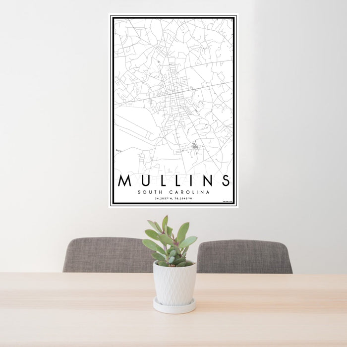 24x36 Mullins South Carolina Map Print Portrait Orientation in Classic Style Behind 2 Chairs Table and Potted Plant