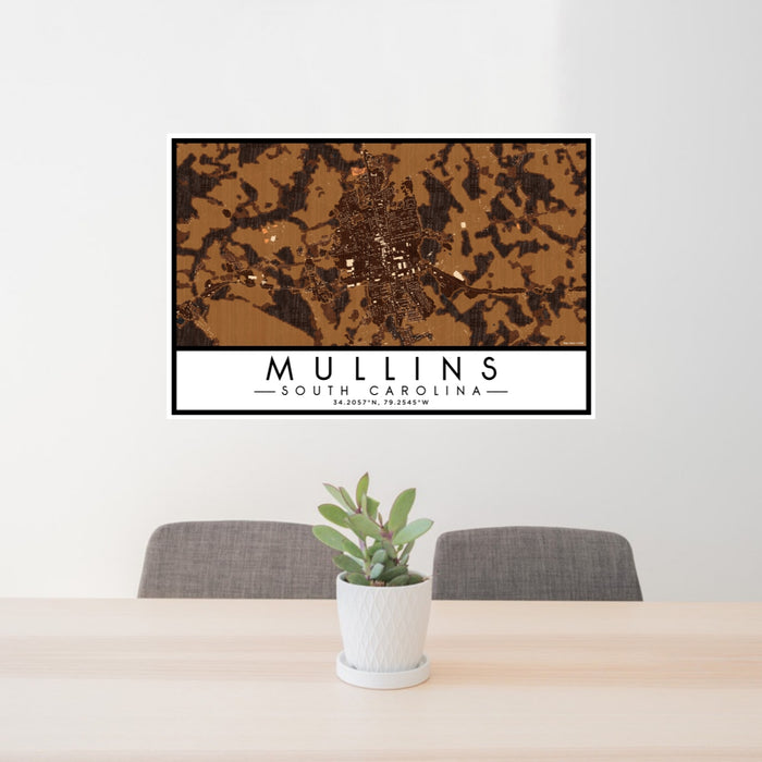 24x36 Mullins South Carolina Map Print Lanscape Orientation in Ember Style Behind 2 Chairs Table and Potted Plant