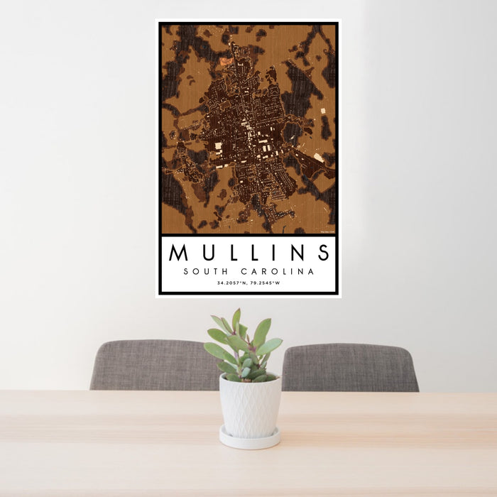 24x36 Mullins South Carolina Map Print Portrait Orientation in Ember Style Behind 2 Chairs Table and Potted Plant