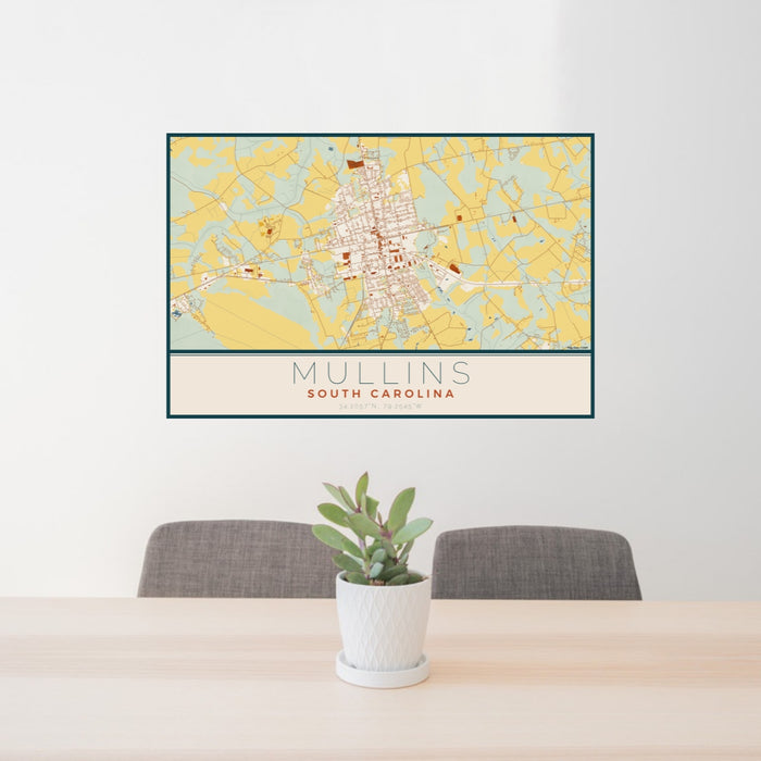24x36 Mullins South Carolina Map Print Lanscape Orientation in Woodblock Style Behind 2 Chairs Table and Potted Plant