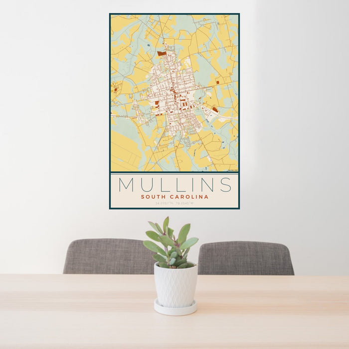 24x36 Mullins South Carolina Map Print Portrait Orientation in Woodblock Style Behind 2 Chairs Table and Potted Plant