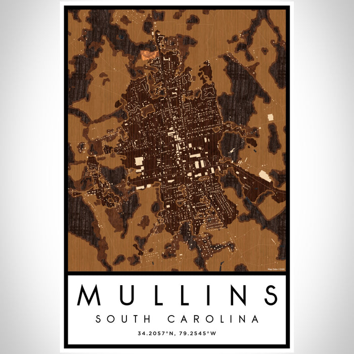 Mullins South Carolina Map Print Portrait Orientation in Ember Style With Shaded Background