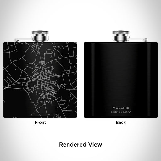 Rendered View of Mullins South Carolina Map Engraving on 6oz Stainless Steel Flask in Black