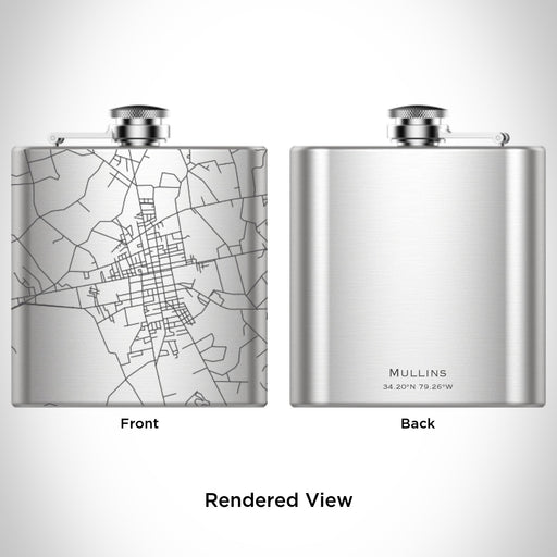 Rendered View of Mullins South Carolina Map Engraving on 6oz Stainless Steel Flask