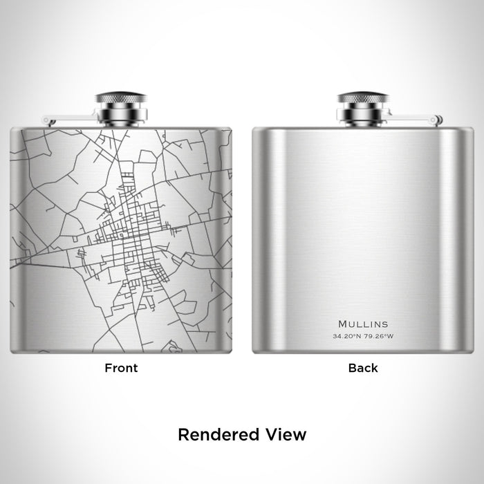 Rendered View of Mullins South Carolina Map Engraving on 6oz Stainless Steel Flask