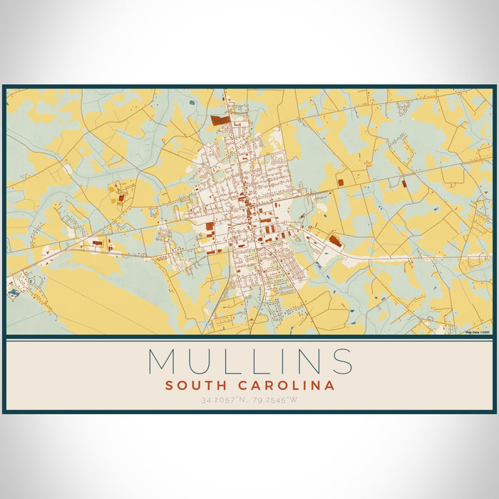 Mullins South Carolina Map Print Landscape Orientation in Woodblock Style With Shaded Background