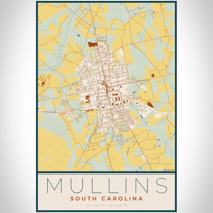 Mullins South Carolina Map Print Portrait Orientation in Woodblock Style With Shaded Background