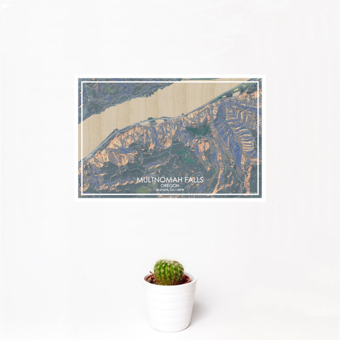 12x18 Multnomah Falls Oregon Map Print Landscape Orientation in Afternoon Style With Small Cactus Plant in White Planter