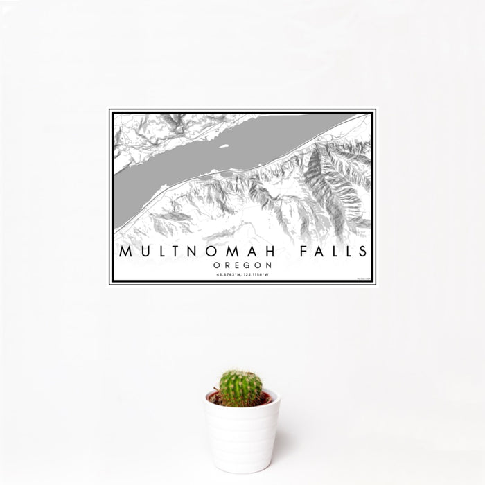 12x18 Multnomah Falls Oregon Map Print Landscape Orientation in Classic Style With Small Cactus Plant in White Planter