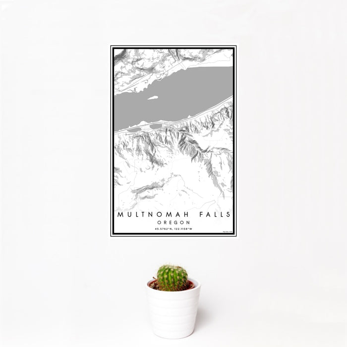 12x18 Multnomah Falls Oregon Map Print Portrait Orientation in Classic Style With Small Cactus Plant in White Planter