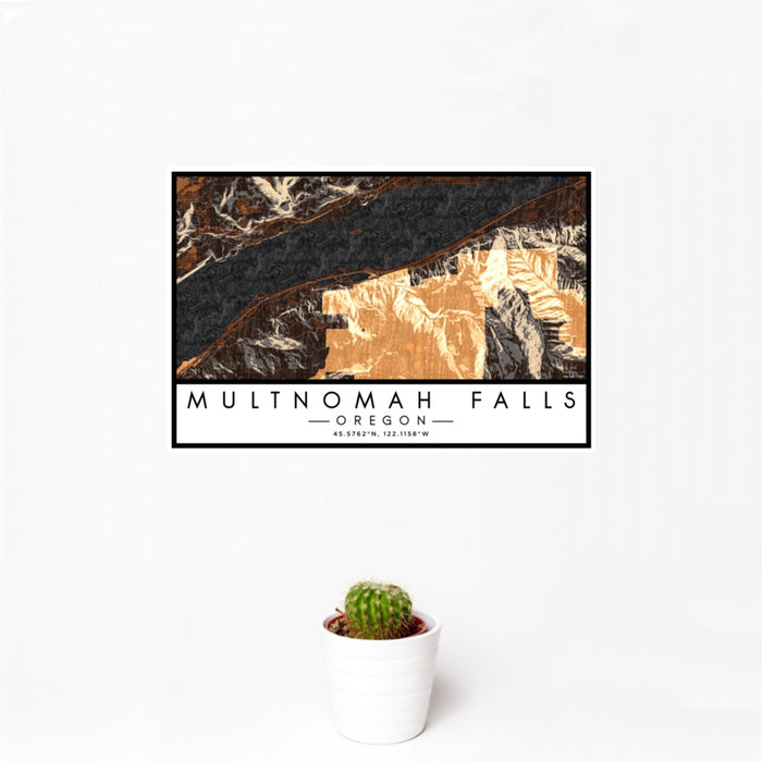 12x18 Multnomah Falls Oregon Map Print Landscape Orientation in Ember Style With Small Cactus Plant in White Planter