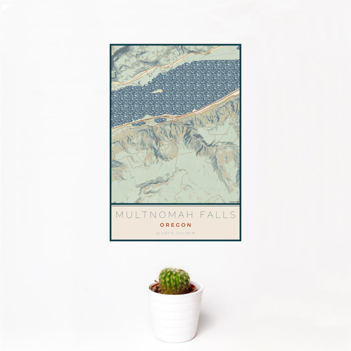 12x18 Multnomah Falls Oregon Map Print Portrait Orientation in Woodblock Style With Small Cactus Plant in White Planter