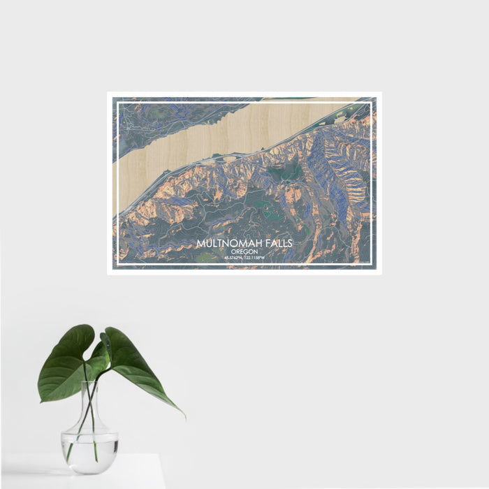 16x24 Multnomah Falls Oregon Map Print Landscape Orientation in Afternoon Style With Tropical Plant Leaves in Water