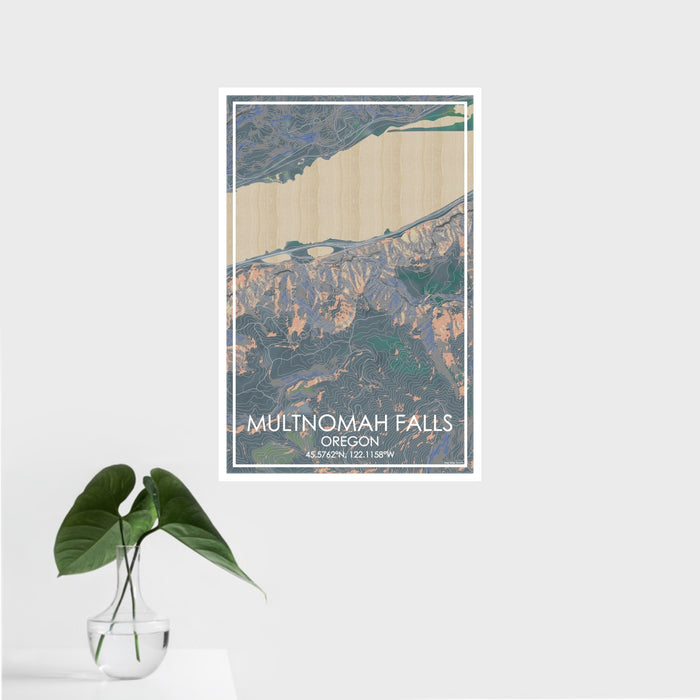16x24 Multnomah Falls Oregon Map Print Portrait Orientation in Afternoon Style With Tropical Plant Leaves in Water