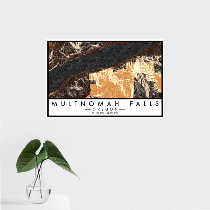 16x24 Multnomah Falls Oregon Map Print Landscape Orientation in Ember Style With Tropical Plant Leaves in Water
