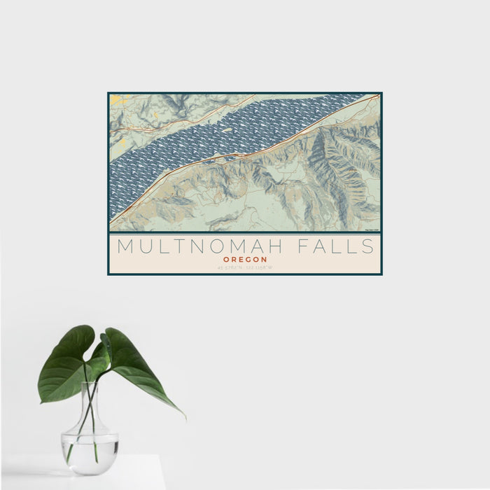 16x24 Multnomah Falls Oregon Map Print Landscape Orientation in Woodblock Style With Tropical Plant Leaves in Water