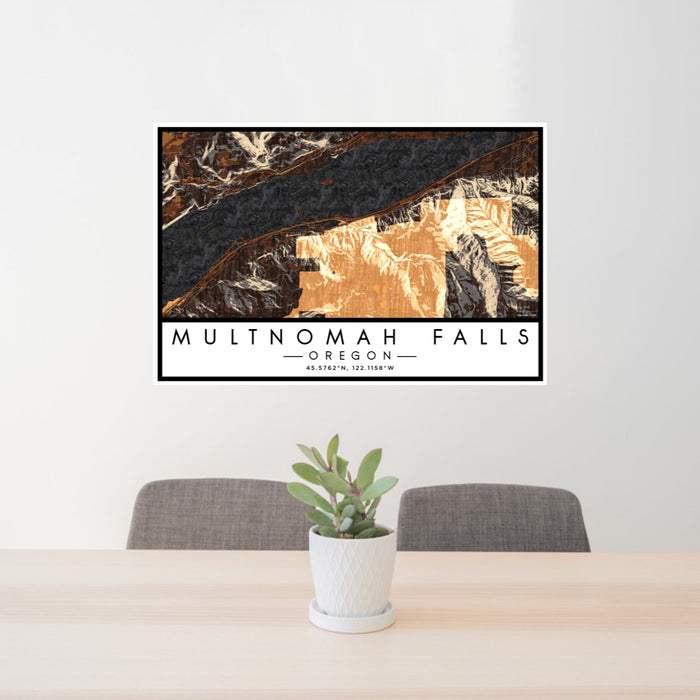 24x36 Multnomah Falls Oregon Map Print Lanscape Orientation in Ember Style Behind 2 Chairs Table and Potted Plant