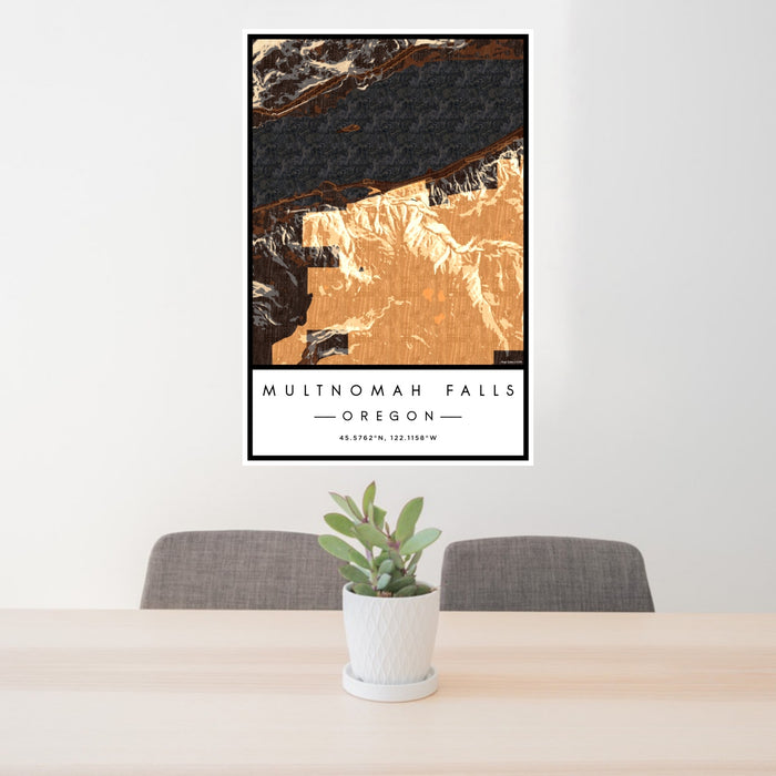 24x36 Multnomah Falls Oregon Map Print Portrait Orientation in Ember Style Behind 2 Chairs Table and Potted Plant