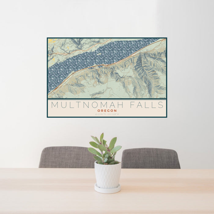 24x36 Multnomah Falls Oregon Map Print Lanscape Orientation in Woodblock Style Behind 2 Chairs Table and Potted Plant