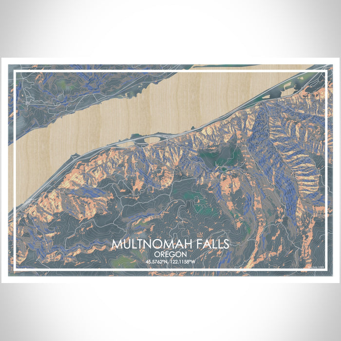 Multnomah Falls Oregon Map Print Landscape Orientation in Afternoon Style With Shaded Background