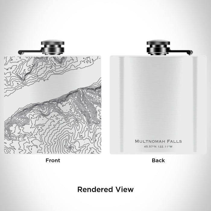 Rendered View of Multnomah Falls Oregon Map Engraving on 6oz Stainless Steel Flask in White