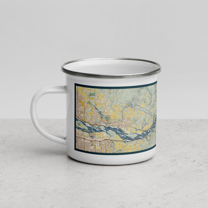 Left View Custom Multnomah Falls Oregon Map Enamel Mug in Woodblock