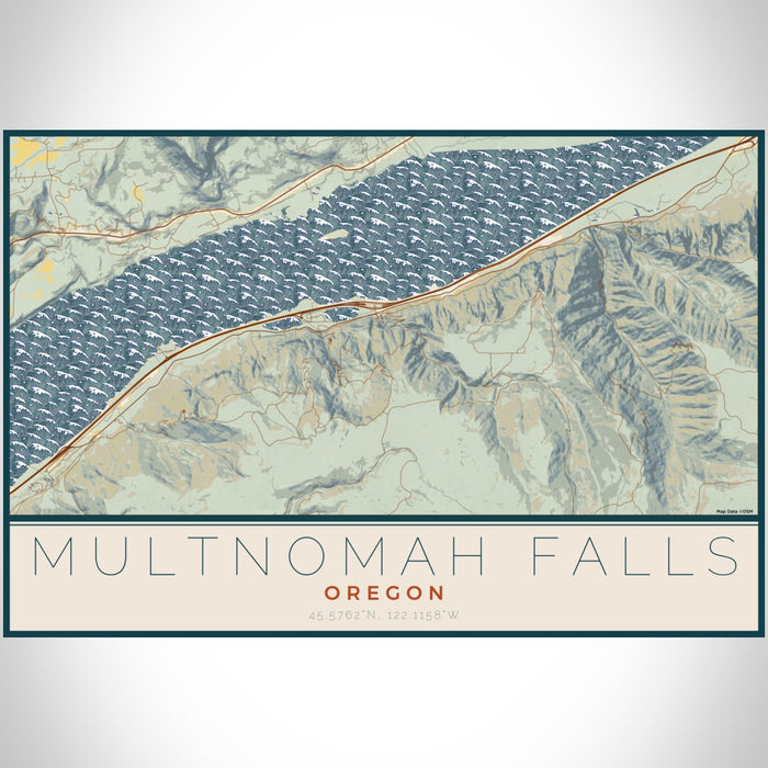 Multnomah Falls Oregon Map Print Landscape Orientation in Woodblock Style With Shaded Background