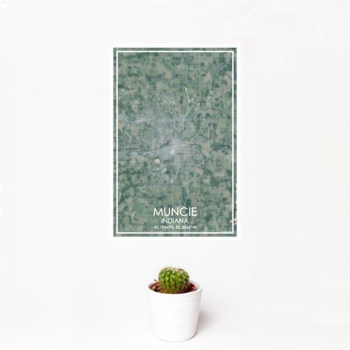 12x18 Muncie Indiana Map Print Portrait Orientation in Afternoon Style With Small Cactus Plant in White Planter