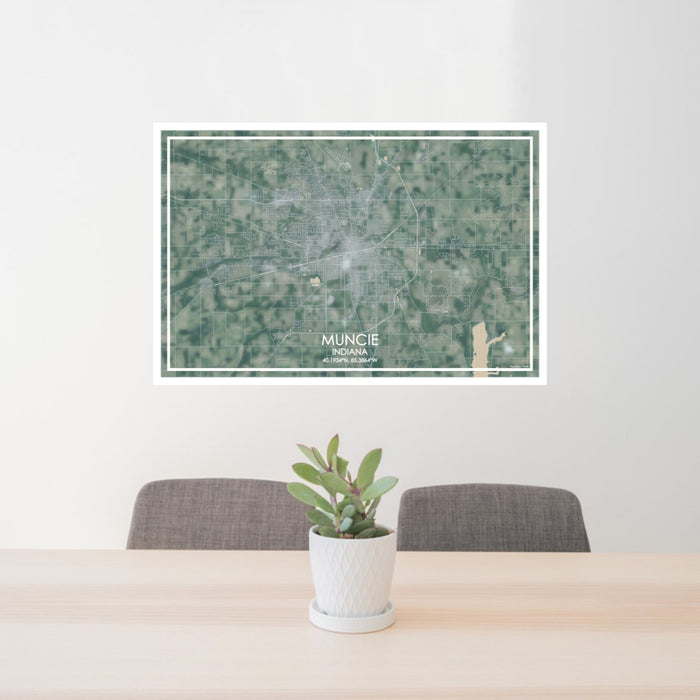 24x36 Muncie Indiana Map Print Lanscape Orientation in Afternoon Style Behind 2 Chairs Table and Potted Plant