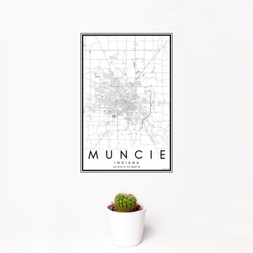 12x18 Muncie Indiana Map Print Portrait Orientation in Classic Style With Small Cactus Plant in White Planter