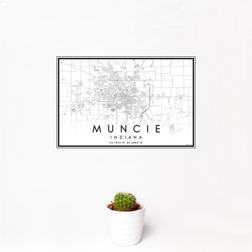 12x18 Muncie Indiana Map Print Landscape Orientation in Classic Style With Small Cactus Plant in White Planter