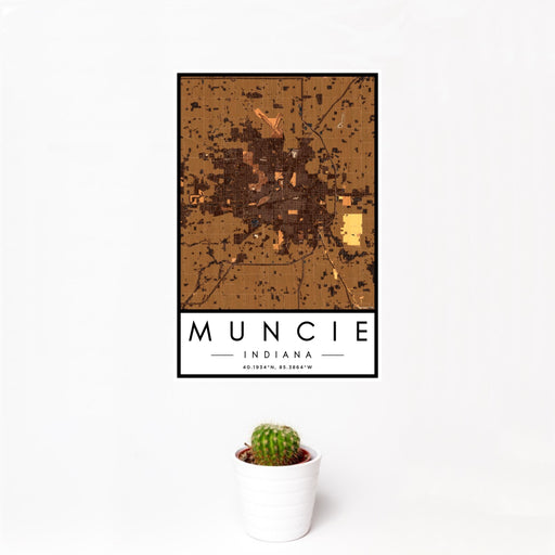12x18 Muncie Indiana Map Print Portrait Orientation in Ember Style With Small Cactus Plant in White Planter