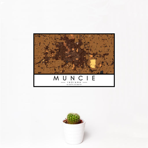 12x18 Muncie Indiana Map Print Landscape Orientation in Ember Style With Small Cactus Plant in White Planter
