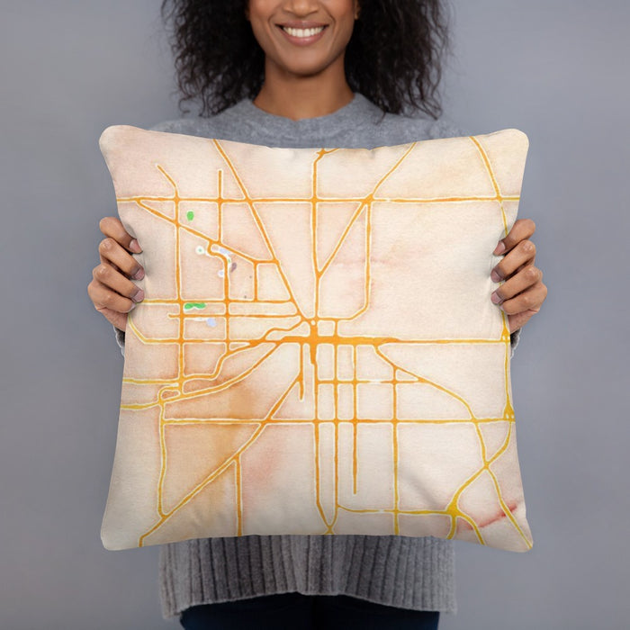 Person holding 18x18 Custom Muncie Indiana Map Throw Pillow in Watercolor